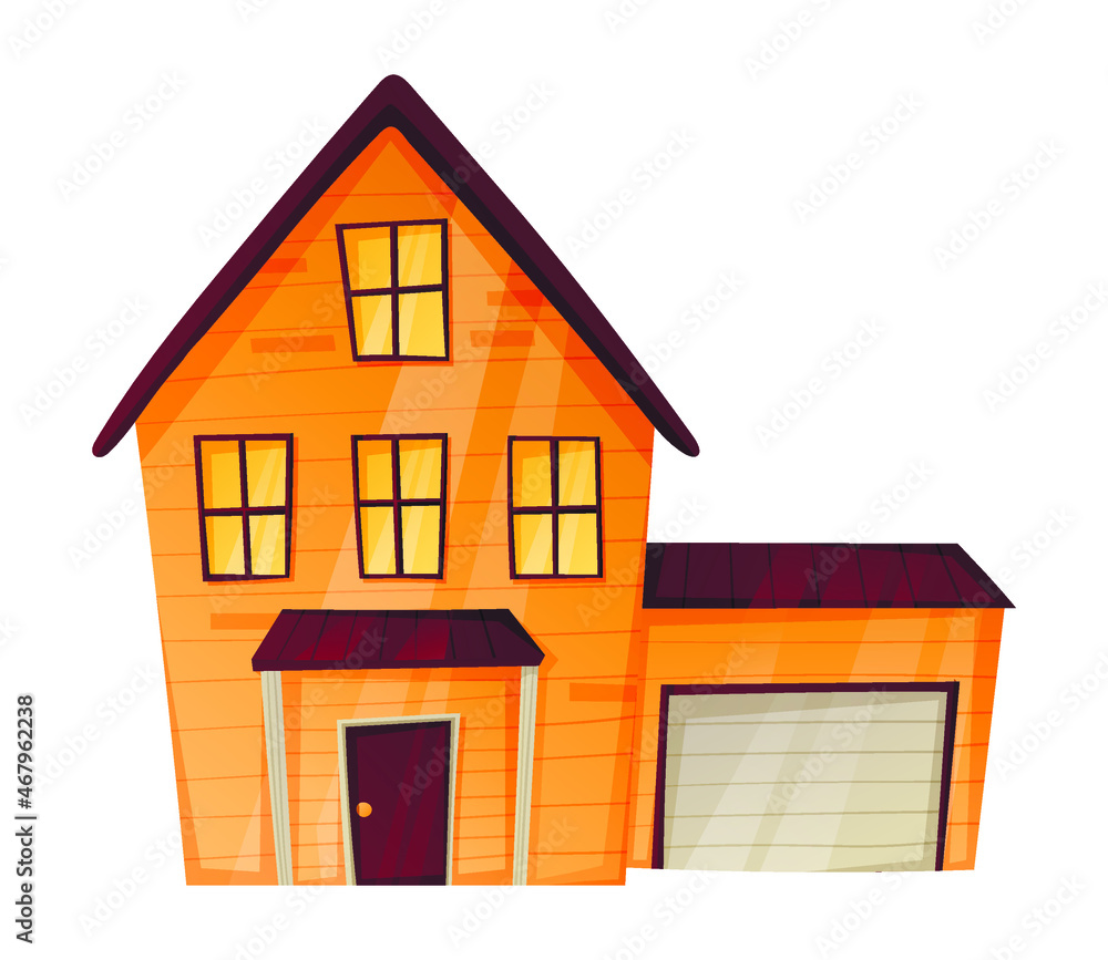 Vector isolated illustration of a cartoon house or cottage with light in the windows and a garage. Vector isolated illustration of a cartoon house or cottage with light in the windows and a garage.
