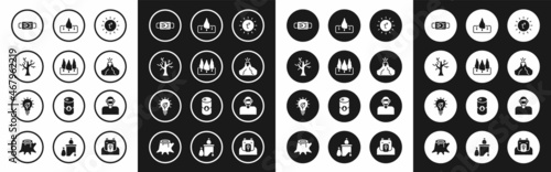 Set Sun, Forest, Withered tree, Medical protective mask, Volcano eruption with lava, Deforestation, Face in and Light bulb leaf icon. Vector