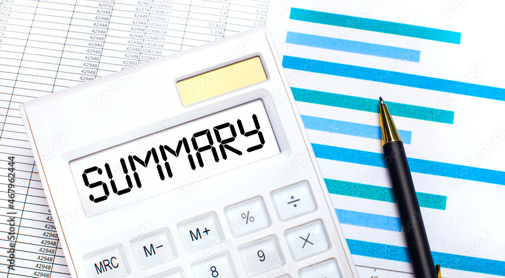 Against the background of reports and blue graphs, a pen and a white calculator with text on the SUMMARY screen. Business concept Against the background of reports and blue graphs, a pen and a white calculator with text on the SUMMARY screen. Business concept