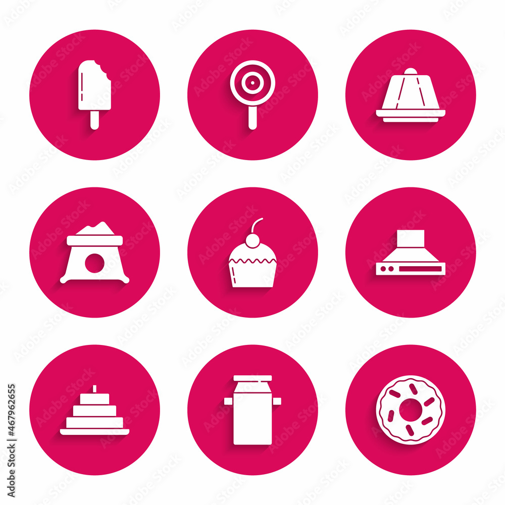 Set Cake, Can container for milk, Donut, Kitchen extractor fan, with burning candles, Bag of flour, Pudding custard and Ice cream icon. Vector Set Cake, Can container for milk, Donut, Kitchen extractor fan, with burning candles, Bag of flour, Pudding custard and Ice cream icon. Vector