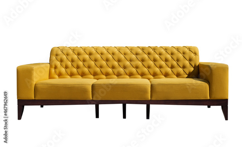 Big ocher sofa with black wooden legs isolated on white. Ocher couch isolated