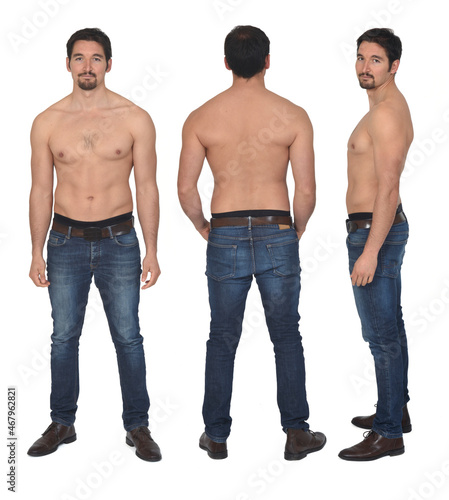  group of same man mashirtless front,back and side view on white background