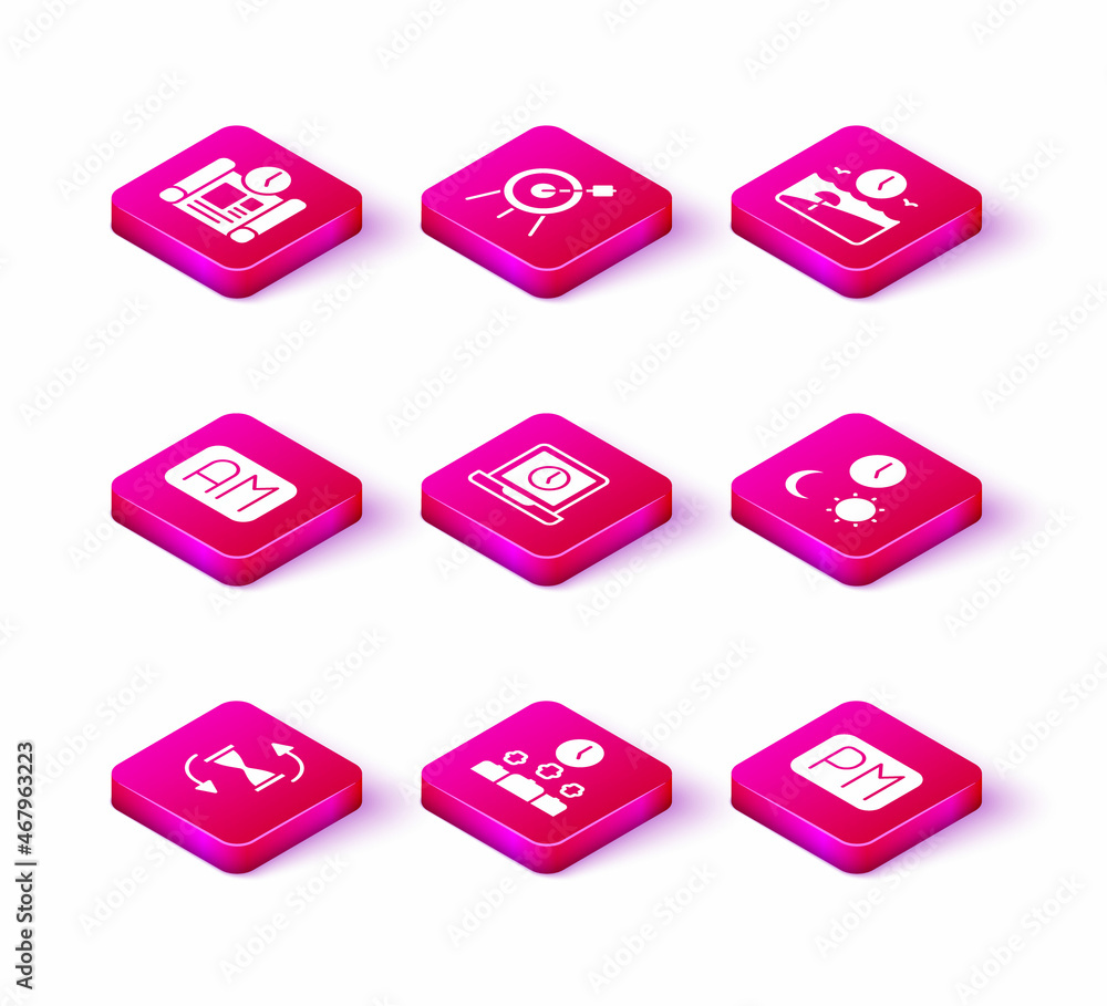 Set Old hourglass with sand, Time Management, Morning time, Laptop, Day, night, Vacation and Target sport icon. Vector Set Old hourglass with sand, Time Management, Morning time, Laptop, Day, night, Vacation and Target sport icon. Vector