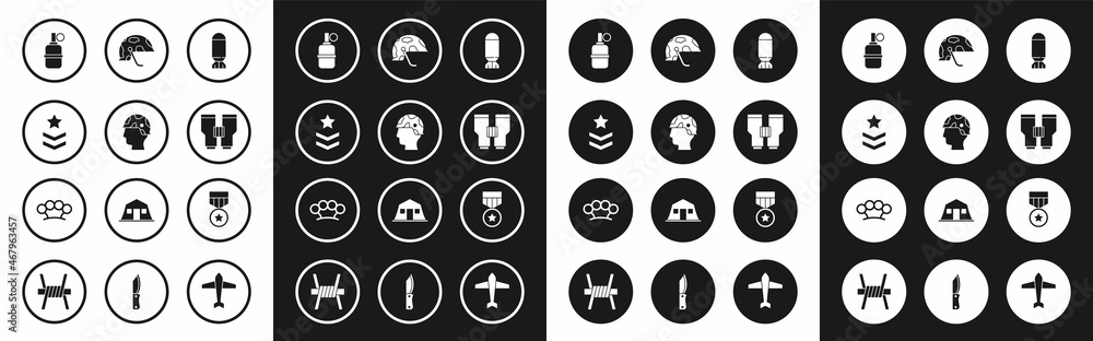 Set Aviation bomb, Army soldier, Military rank, Hand grenade, Binoculars, helmet, reward medal and Brass knuckles icon. Vector