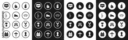 Set Hand grenade, Military beret, Police rubber baton, army, Brass knuckles, dog tag, reward medal and icon. Vector