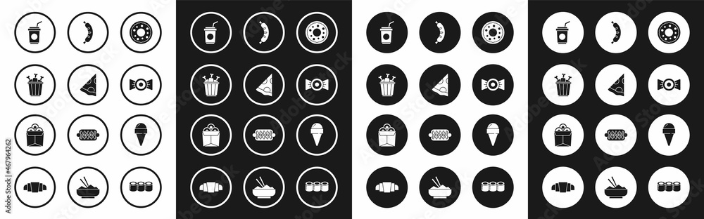 Set Donut, Slice of pizza, Chicken leg in package box, Paper glass with straw, Candy, Hotdog, Ice cream waffle cone and Noodles icon. Vector Set Donut, Slice of pizza, Chicken leg in package box, Paper glass with straw, Candy, Hotdog, Ice cream waffle cone and Noodles icon. Vector