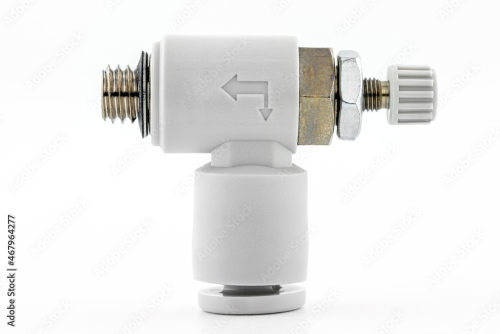 Macro image of a white adjustable air pneumatic elbow fitting with steel external thread, isolated on a white background. Macro image of a white adjustable air pneumatic elbow fitting with steel external thread, isolated on a white background.