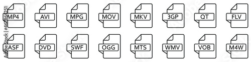 Video file formats. Set of linear icons of different video formats. Video file icons. Vector illustration. photo