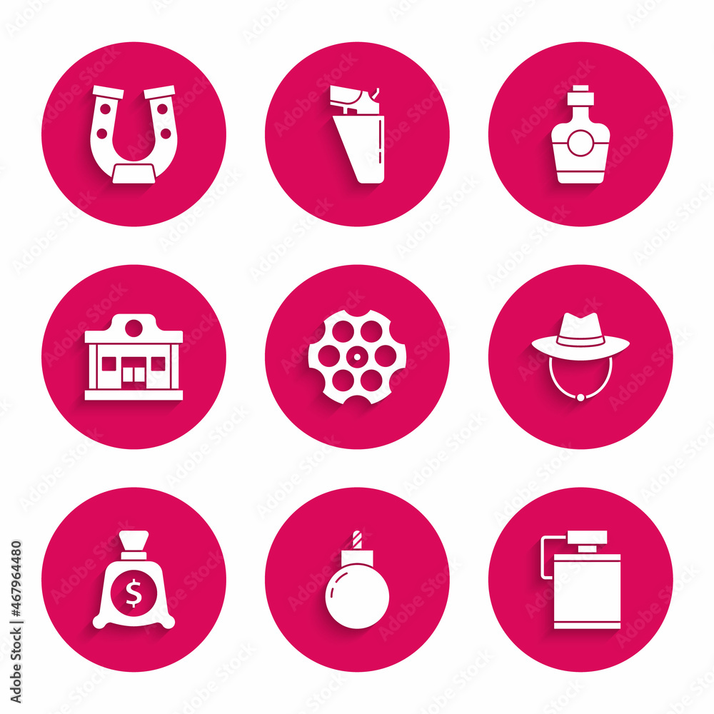Set Revolver cylinder, Bomb ready to explode, Canteen water bottle, Western cowboy hat, Money bag, Wild west saloon, Tequila and Horseshoe icon. Vector Set Revolver cylinder, Bomb ready to explode, Canteen water bottle, Western cowboy hat, Money bag, Wild west saloon, Tequila and Horseshoe icon. Vector