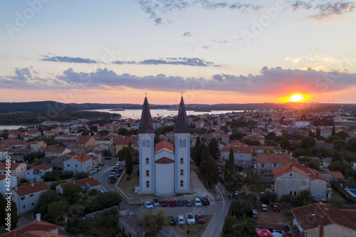 An aerial shot of Medulin at dusk  Istria  Croatia