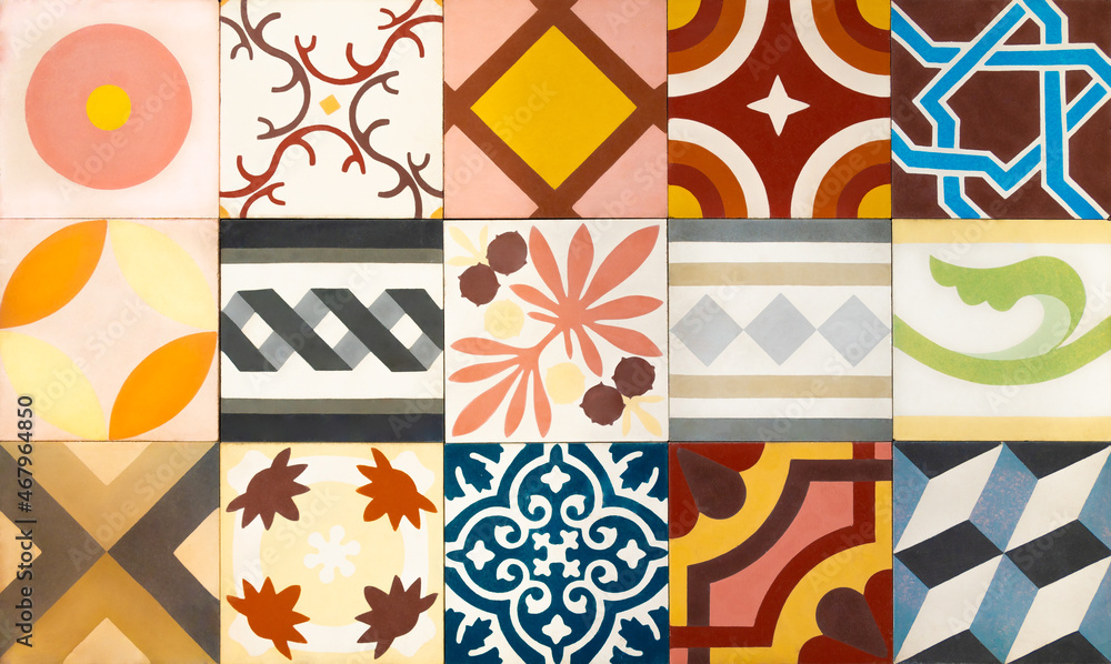 The background consists different types of old colored tiles with unique patterns