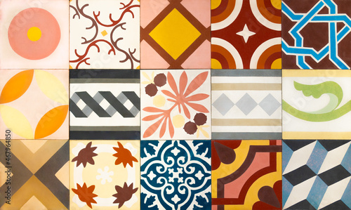 The background consists different types of old colored tiles with unique patterns © annaleish