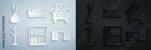 Set Library bookshelf, Armchair, Coat stand, Office desk, Furniture nightstand and Vase icon. Vector