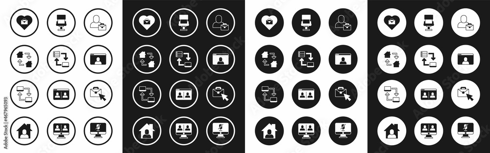 Set Freelancer, Online working, Heart with text, Video chat conference, Office chair, and icon. Vector