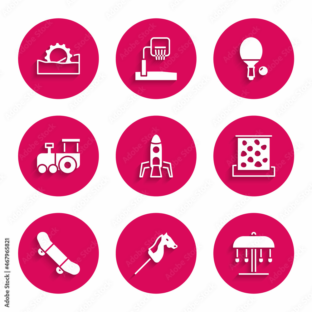 Set Rocket ship, Toy horse, Attraction carousel, Climbing wall, Skateboard trick, train, Racket and ball and Ferris wheel icon. Vector Set Rocket ship, Toy horse, Attraction carousel, Climbing wall, Skateboard trick, train, Racket and ball and Ferris wheel icon. Vector