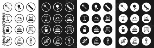 Set Skateboard trick, Ferris wheel, Street light, Kite, Bungee, Racket and ball, Double swing and Sand bucket icon. Vector
