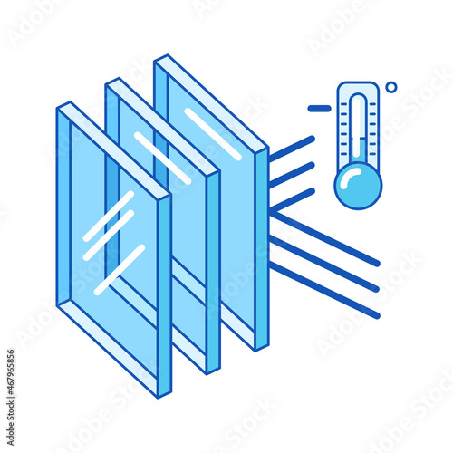 Keeping cold temperature inside house with glass layers. Cross section double glazed window. Infographics showing properties.