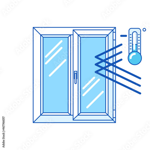 Keeping cold temperature inside house with double glazed window. PVC plastic profile. Infographics showing properties.