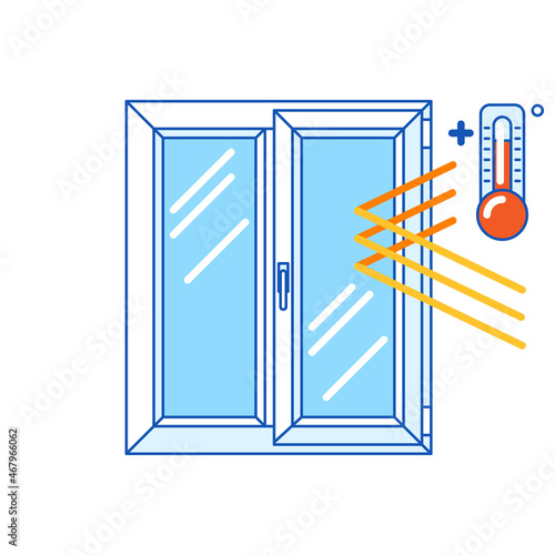 Keeping warm temperature inside house with double glazed window. PVC plastic profile. Infographics showing properties.