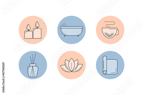 Relaxation icons set. Rest, yoga, relaxation. Taking care of yourself. Minimalistic design. Wellness