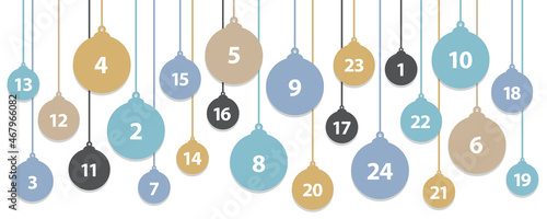 colorful advent calendar 24 christmas tree balls on white