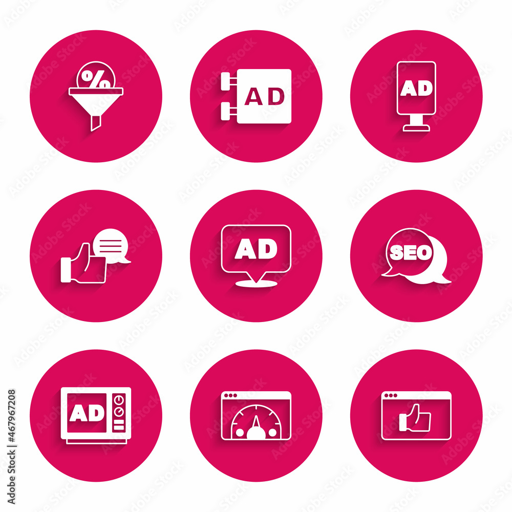 Set Advertising, Website statistic, Customer product rating, SEO optimization, and Lead management icon. Vector Set Advertising, Website statistic, Customer product rating, SEO optimization, and Lead management icon. Vector