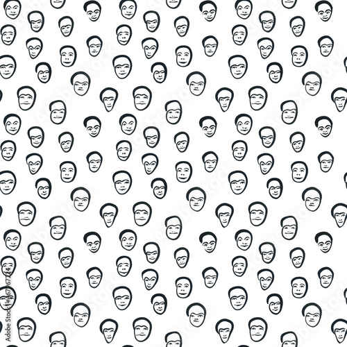 Simple black ink smiling faces arranged as seamless pattern of 14 elements based on scanned images painted in few brush storkes.