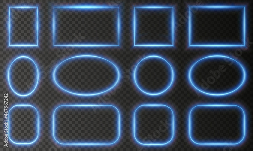 Blue luminous frame. Festive template for text. Blue border for festive texts. Set is a light frame of different shapes. PNG.