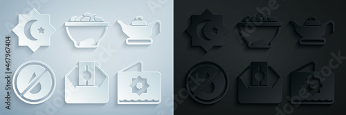 Set Donate or pay your zakat, Oil lamp, No water, Octagonal star, Date fruit in bowl and icon. Vector