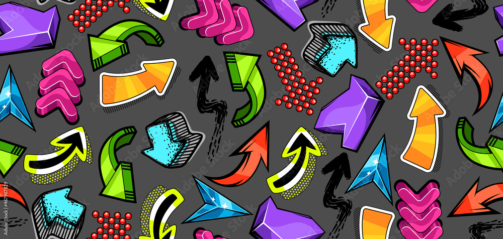 Seamless pattern with abstract graffiti arrows. Cartoon teenage creative image.