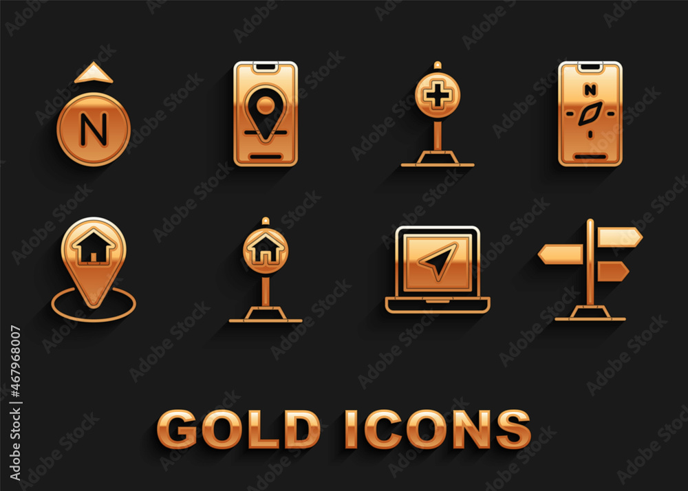 Set Hotel sign for traffic, Compass on mobile, Road, Laptop with location marker, Location house, cross hospital, and City map navigation icon. Vector Set Hotel sign for traffic, Compass on mobile, Road, Laptop with location marker, Location house, cross hospital, and City map navigation icon. Vector