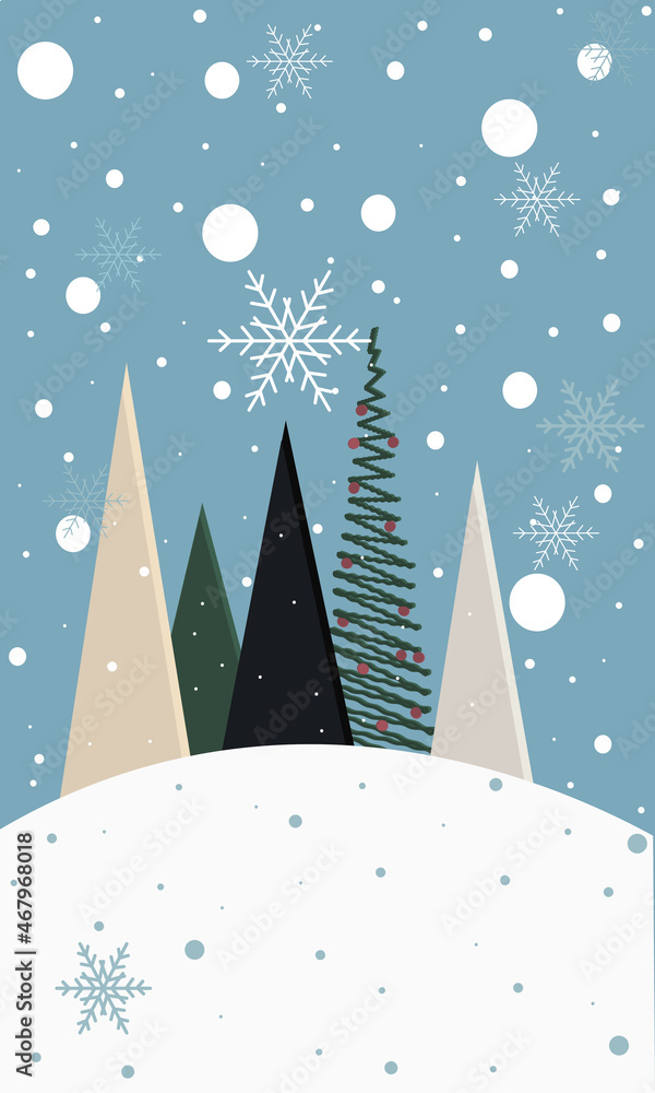 new year card in minimalism style, merry christmas and happy new year, poster, winter tree illustration, snowfall