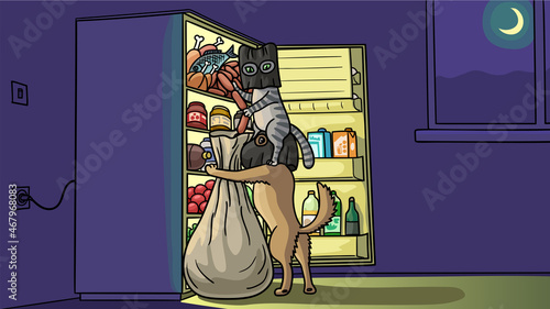 A cat and a dog steal sausages from the refrigerator at night.