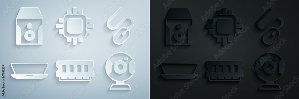Fototapeta premium Set RAM, random access memory, Computer mouse, Laptop, Web camera, Processor with CPU and Uninterruptible power supply icon. Vector