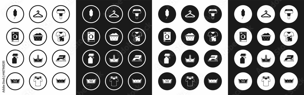 Set Garment steamer, Basin with soap suds, Washer, Feather, Dirty t-shirt, Hanger wardrobe, Electric iron and Water spray bottle icon. Vector Set Garment steamer, Basin with soap suds, Washer, Feather, Dirty t-shirt, Hanger wardrobe, Electric iron and Water spray bottle icon. Vector