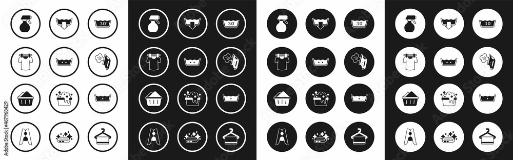 Set Temperature wash, Drying clothes, Water spray bottle, Electric iron, Washing modes, and Basin with soap suds icon. Vector Set Temperature wash, Drying clothes, Water spray bottle, Electric iron, Washing modes, and Basin with soap suds icon. Vector