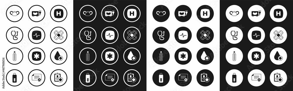 Set Hospital signboard, Heart rate, Stethoscope, Medical protective mask, Crossed bandage plaster, Ultrasound, Donate drop blood and thermometer icon. Vector Set Hospital signboard, Heart rate, Stethoscope, Medical protective mask, Crossed bandage plaster, Ultrasound, Donate drop blood and thermometer icon. Vector