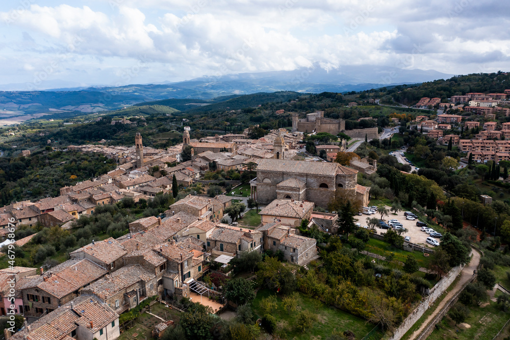 Aerial view of Montalcino and the valley Val d'Orcia Crete Province of Siena Tuscany Italy