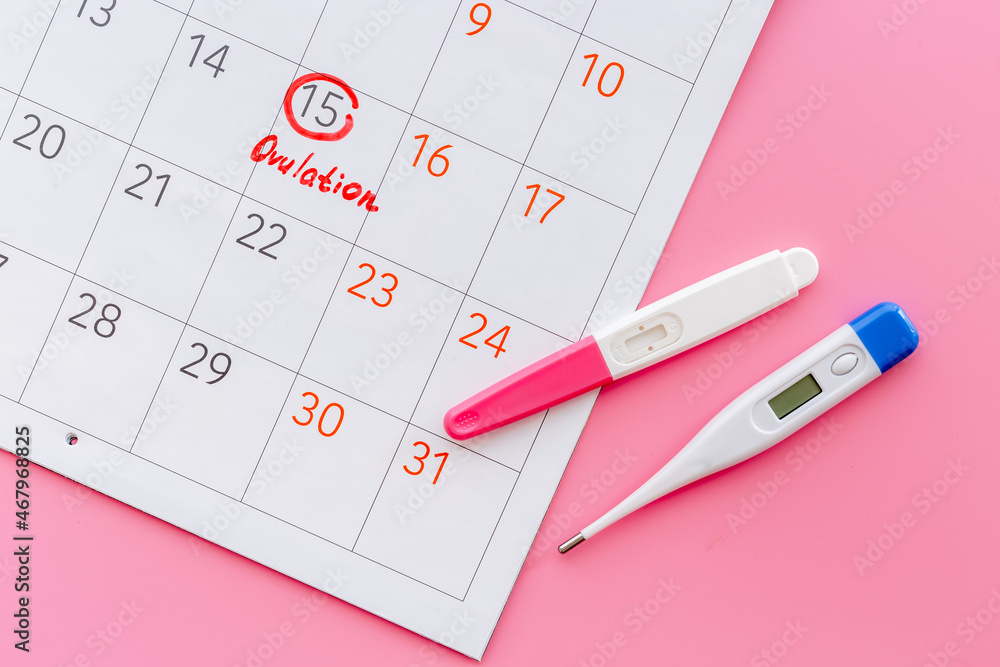 Ovulation home test on calendar with ovulation day red mark Ovulation home test on calendar with ovulation day red mark