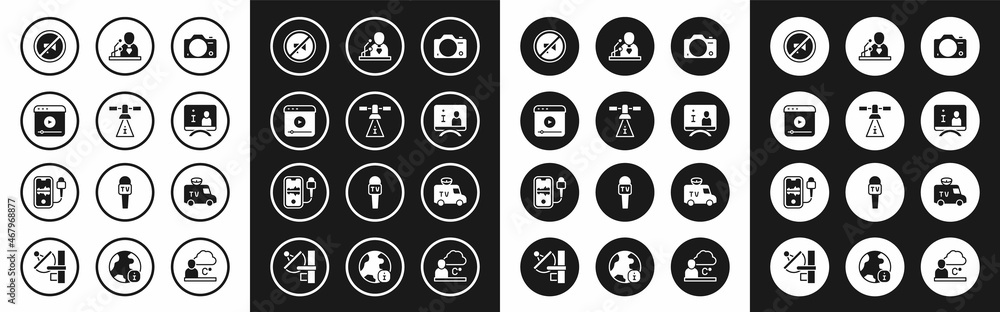 Set Photo camera, Satellite, Live stream, Censored stamp, Television report, Breaking news, TV News car and Mobile recording icon. Vector Set Photo camera, Satellite, Live stream, Censored stamp, Television report, Breaking news, TV News car and Mobile recording icon. Vector