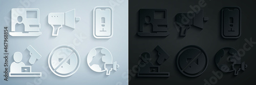 Set Censored stamp, Mobile recording, Crime news, World, Megaphone and icon. Vector