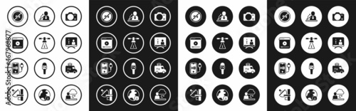 Set Photo camera, Satellite, Live stream, Censored stamp, Television report, Breaking news, TV News car and Mobile recording icon. Vector