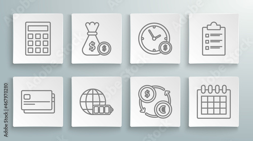 Set line Credit card, Money bag and coin, Battery charge level indicator with earth globe, exchange, Calendar, Time is money, Clipboard checklist and Calculator icon. Vector