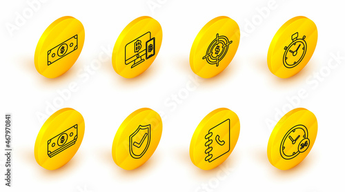 Set line Clock 24 hours, Address book, Shield with check mark, Stacks paper money cash, Stopwatch, Target dollar symbol, Computer monitor mobile phone and bitcoin and icon. Vector