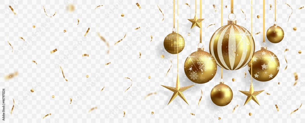 Gold christmas balls with shadow and confetti isolated on transparent background - obrazy, fototapety, plakaty 