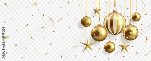 Gold christmas balls with shadow and confetti isolated on transparent background