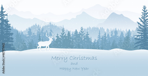 Winter landscape Christmas card. Deer in snow, forest and mountains in the background. Magical misty nature, wildlife. Merry Christmas and Happy New Year. 