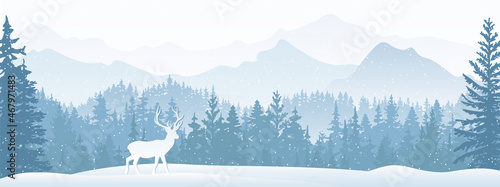 Winter landscape Christmas card. Deer in snow, forest and mountains in the background. Magical misty nature, wildlife. Merry Christmas and Happy New Year. 