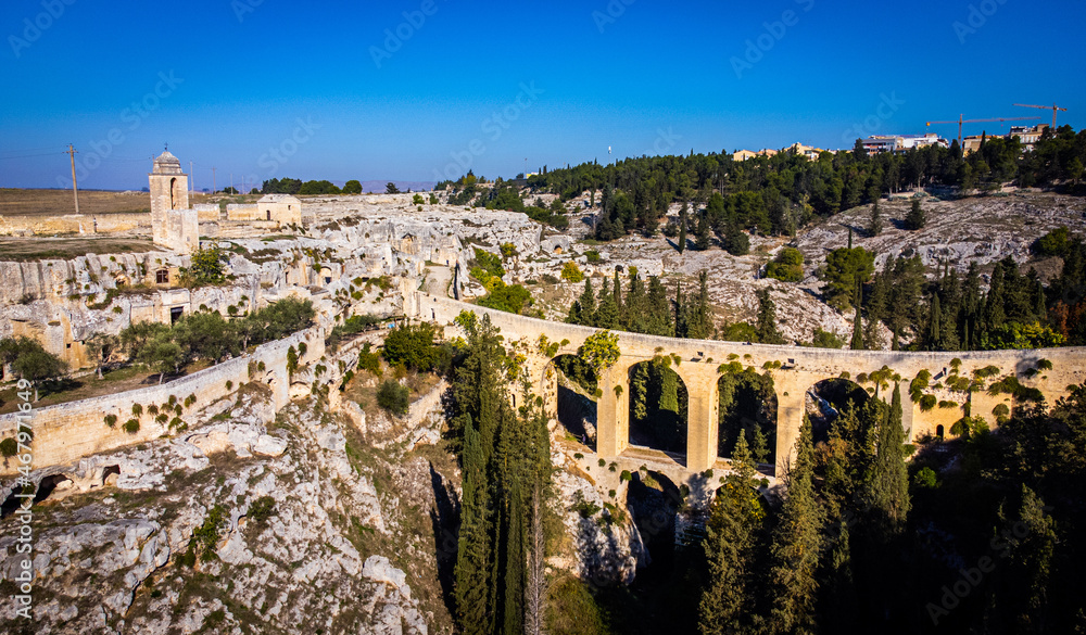 Gravina in Puglia with its famous aqueduct in Italy - aerial view - travel photography