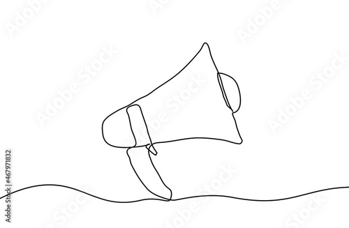 Continuous line drawing of megaphone. Public horn speaker linear icon. One line drawing background. Vector illustration. Megaphone continuous line icon